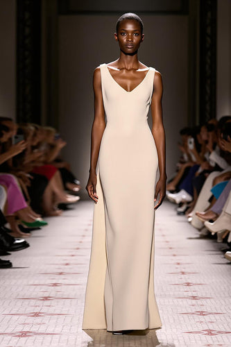 Simple Ivory V-Neck Satin Sheath Backless Long Formal Dress