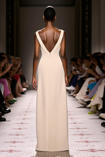 Simple Ivory V-Neck Satin Sheath Backless Long Formal Dress