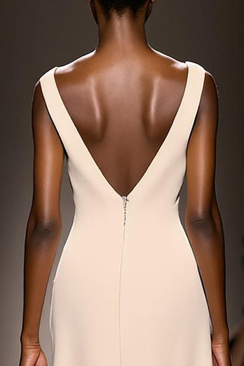 Simple Ivory V-Neck Satin Sheath Backless Long Formal Dress