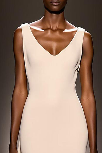 Simple Ivory V-Neck Satin Sheath Backless Long Formal Dress