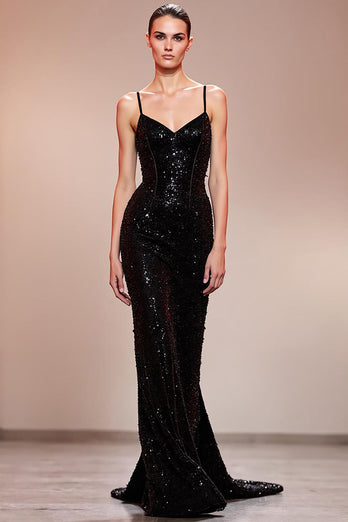 Sparkly Black Sequin Corset Mermaid Long Formal Dress