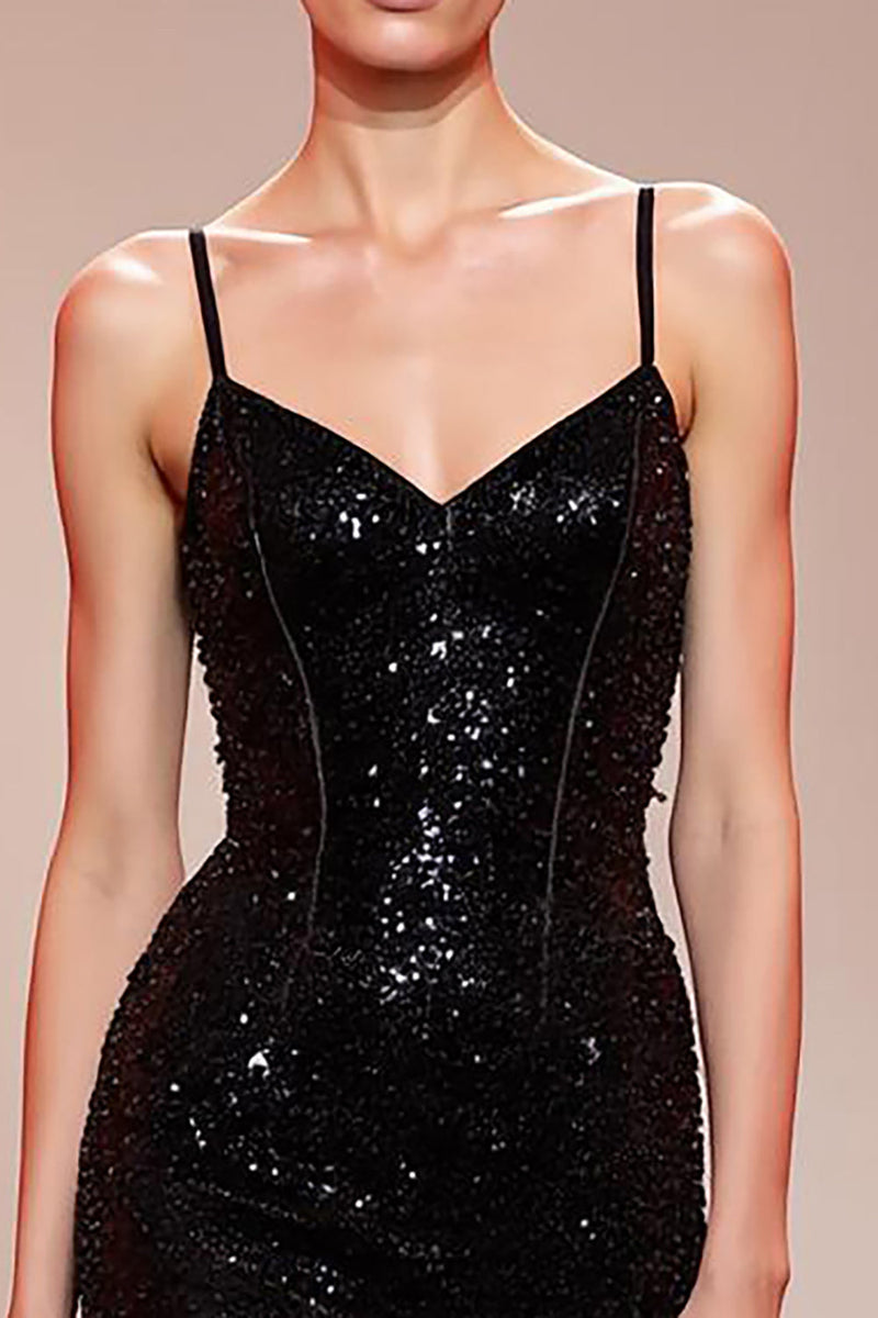 Load image into Gallery viewer, Sparkly Black Sequin Corset Mermaid Long Formal Dress