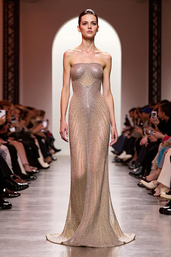 Sparkly Champagne Mermaid Strapless Backless Long Formal Dress