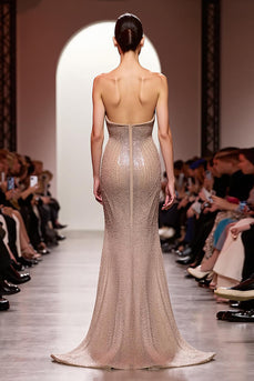 Sparkly Champagne Mermaid Strapless Backless Long Formal Dress