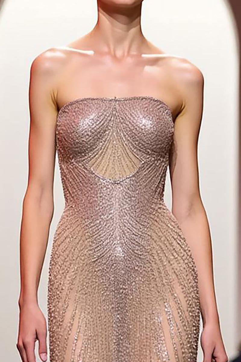 Load image into Gallery viewer, Sparkly Champagne Mermaid Strapless Backless Long Formal Dress