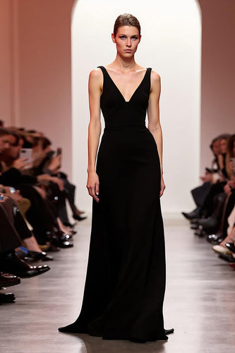 Simple Black V-Neck Backless Sheath Long Formal Dress
