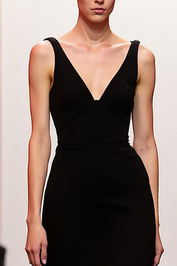 Simple Black V-Neck Backless Sheath Long Formal Dress