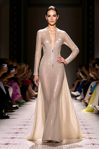 Sparkly Champagne Long Sleeves Mermaid Formal Dress with Zippers