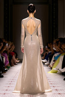 Load image into Gallery viewer, Sparkly Champagne Long Sleeves Mermaid Formal Dress with Zippers