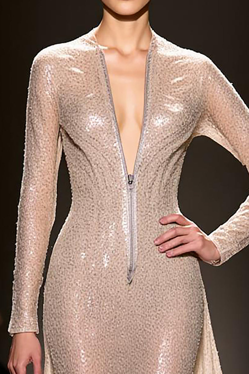 Load image into Gallery viewer, Sparkly Champagne Long Sleeves Mermaid Formal Dress with Zippers
