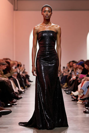 Sparkly Black Sequin Strapless Mermaid Long Formal Dress