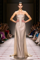 Load image into Gallery viewer, Sparkly Champagne Strapless Sheath Long Formal Dress