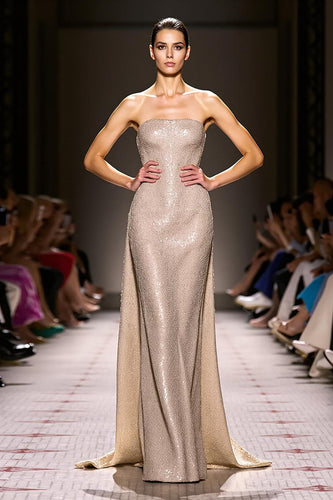 Sparkly Champagne Strapless Sheath Long Formal Dress