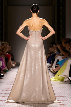 Sparkly Champagne Strapless Sheath Long Formal Dress