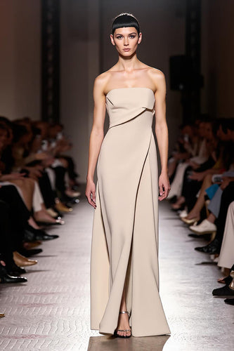 Simple Ivory Strapless Sheath Ruched Long Formal Dress with Slit
