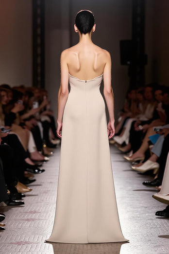 Simple Ivory Strapless Sheath Ruched Long Formal Dress with Slit