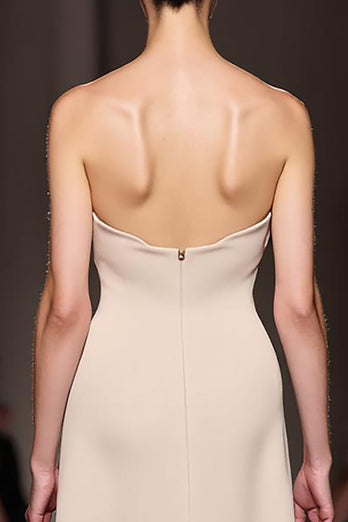 Simple Ivory Strapless Sheath Ruched Long Formal Dress with Slit