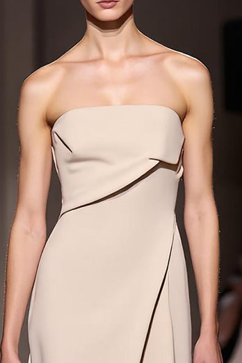 Simple Ivory Strapless Sheath Ruched Long Formal Dress with Slit