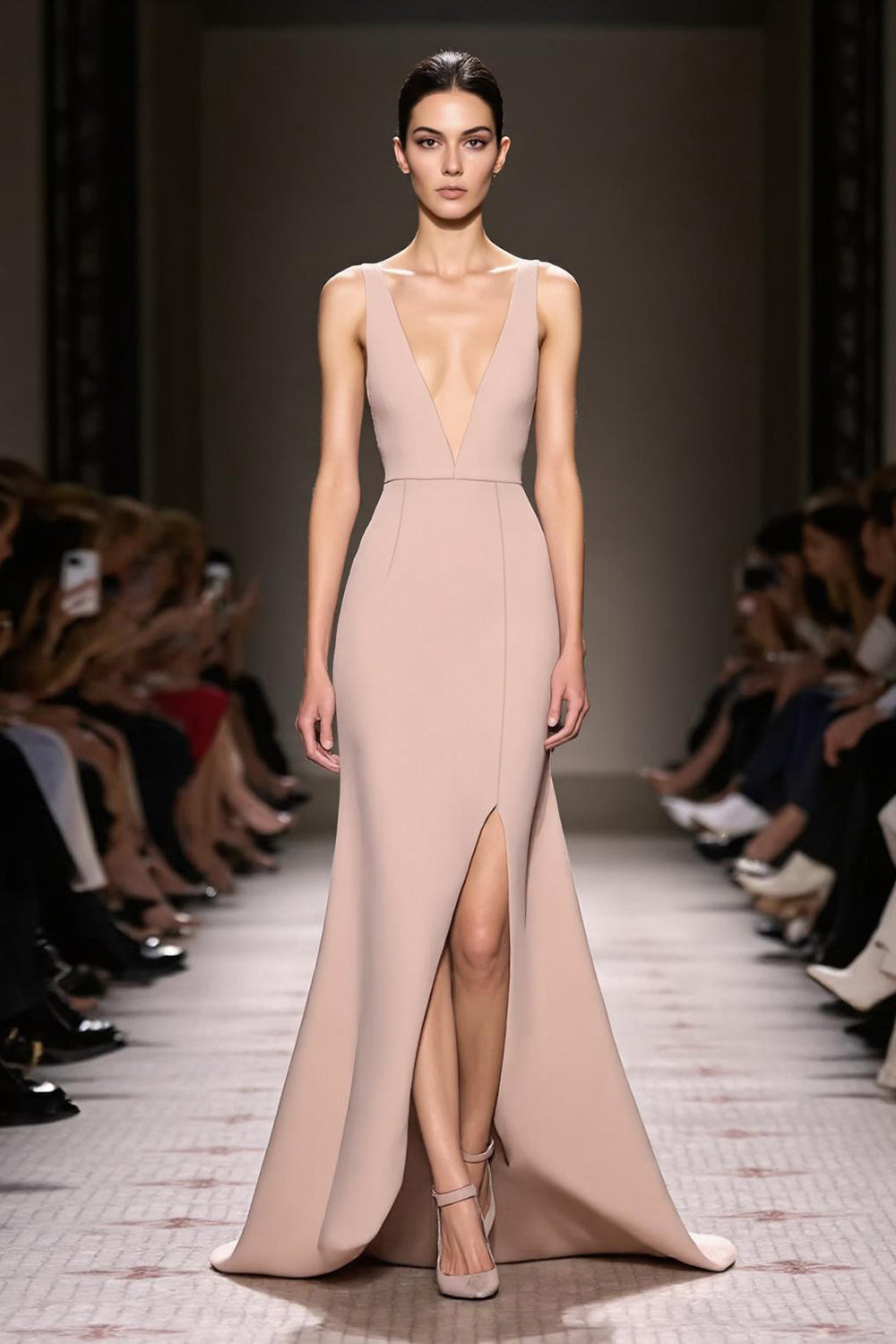 Simple Champagne Deep V-Neck Satin Sheath Long Formal Dress with Slit