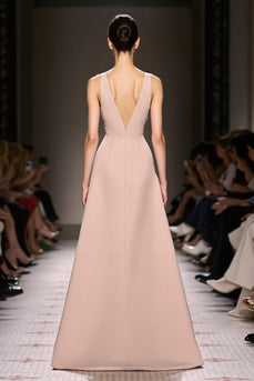 Simple Champagne Deep V-Neck Satin Sheath Long Formal Dress with Slit