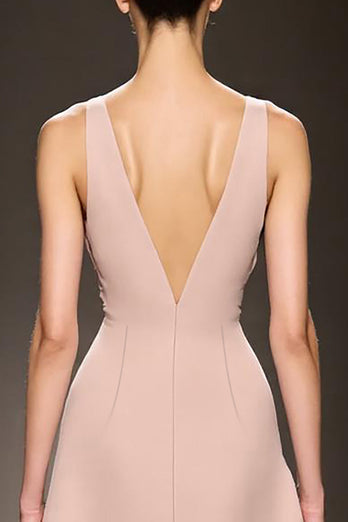 Simple Champagne Deep V-Neck Satin Sheath Long Formal Dress with Slit