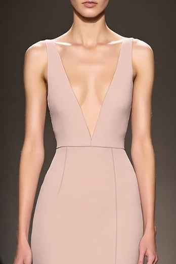 Simple Champagne Deep V-Neck Satin Sheath Long Formal Dress with Slit