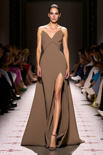 Simple Coffee Satin Strapless Sheath Long Formal Dress with Slit