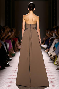 Simple Coffee Satin Strapless Sheath Long Formal Dress with Slit