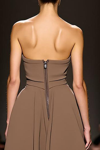 Simple Coffee Satin Strapless Sheath Long Formal Dress with Slit
