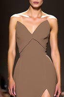 Load image into Gallery viewer, Simple Coffee Satin Strapless Sheath Long Formal Dress with Slit