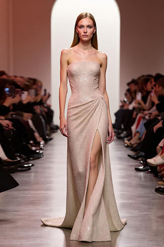 Sparkly Champagne Sequin Strapless Long Formal Dress with Slit