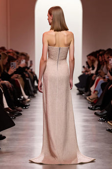 Sparkly Champagne Sequin Strapless Long Formal Dress with Slit
