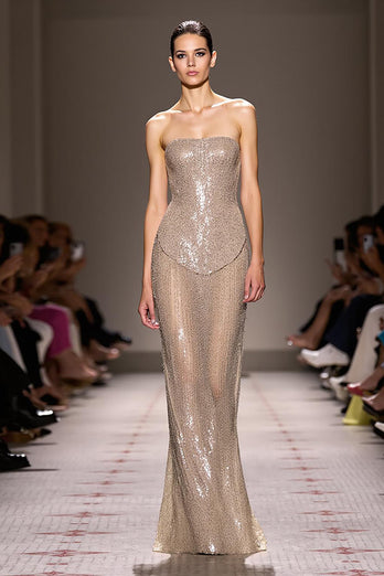 Sparkly Champagne Backless Strapless Long Sequin Formal Dress