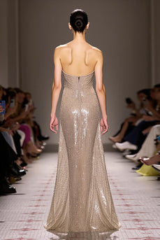 Sparkly Champagne Backless Strapless Long Sequin Formal Dress