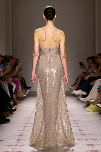 Sparkly Champagne Backless Strapless Long Sequin Formal Dress