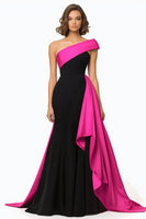 Load image into Gallery viewer, Black and White Mermaid Satin Long Formal Dress with Cape