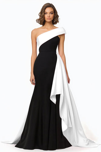 Black and White Mermaid Satin Long Formal Dress with Cape