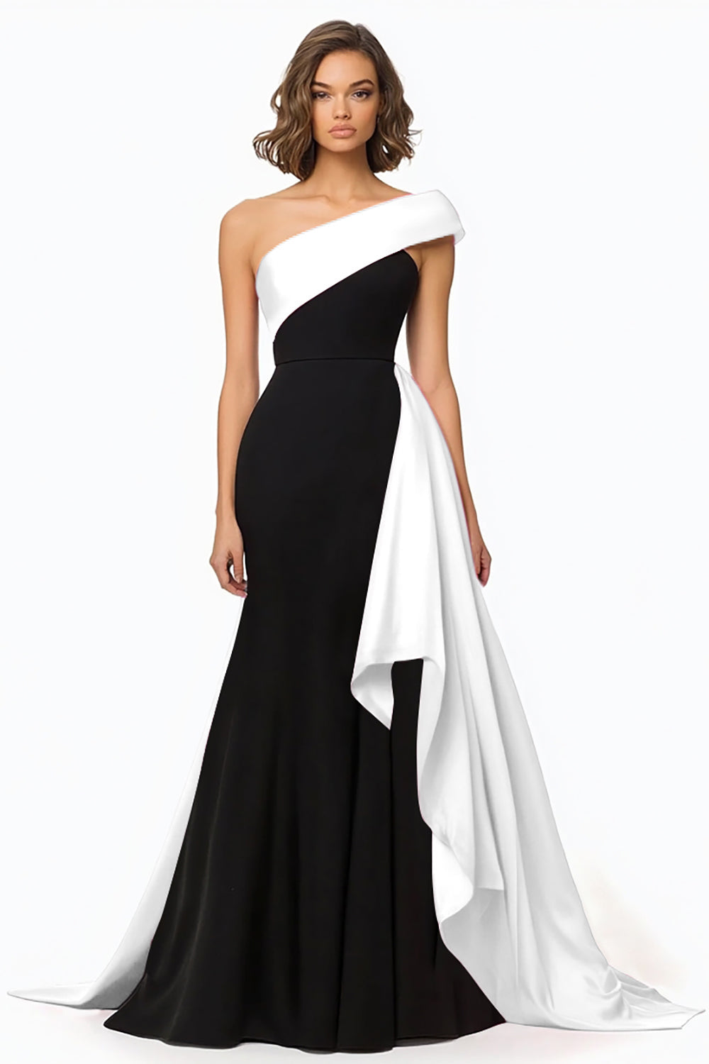 Black and White Mermaid Satin Long Formal Dress with Cape