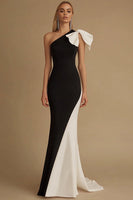 Load image into Gallery viewer, Black and White Mermaid Satin Long Formal Dress with Bow