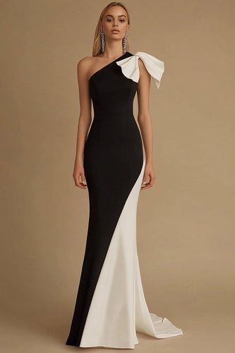 Black and White Mermaid Satin Long Formal Dress with Bow