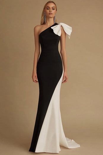 Black and White Mermaid Satin Long Formal Dress with Bow