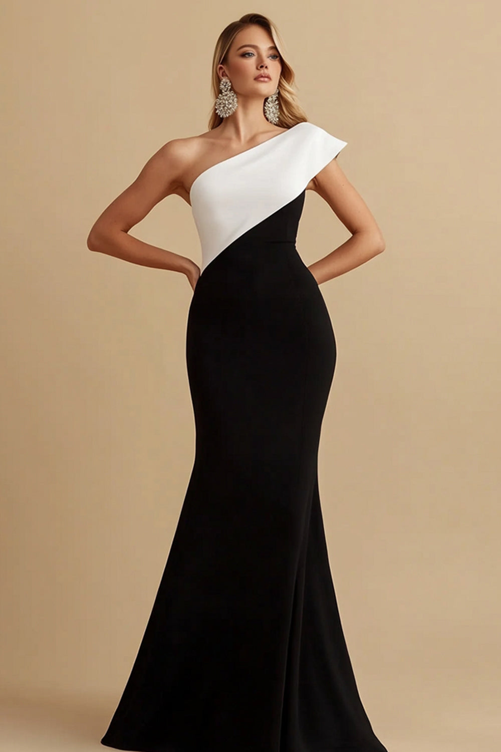Black and White Satin Mermaid One Shoulder Long Formal Dress