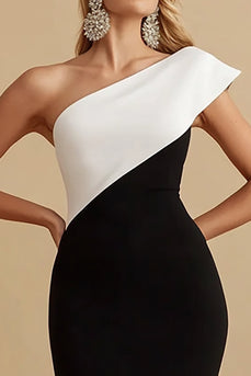 Black and White Satin Mermaid One Shoulder Long Formal Dress