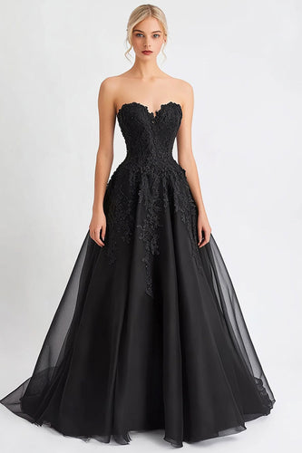 Black A Line Sweetheart Tulle Long Formal Dress with Appliques