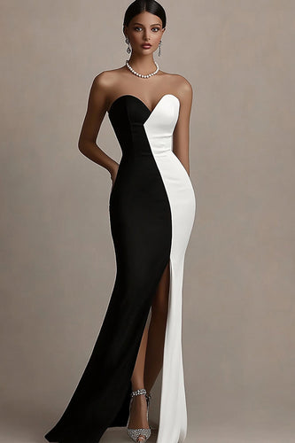 Black and White Sweetheart Satin Long Formal Dress with Slit