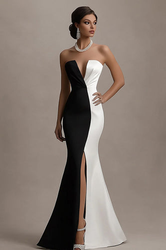 Black and White Mermaid Satin Long Formal Dress with Slit