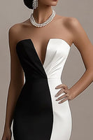 Load image into Gallery viewer, Black and White Mermaid Satin Long Formal Dress with Slit