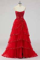 Load image into Gallery viewer, Lavender A Line Strapless Corset Tiered Formal Dress with Slit