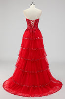 Load image into Gallery viewer, Lavender A Line Strapless Corset Tiered Formal Dress with Slit