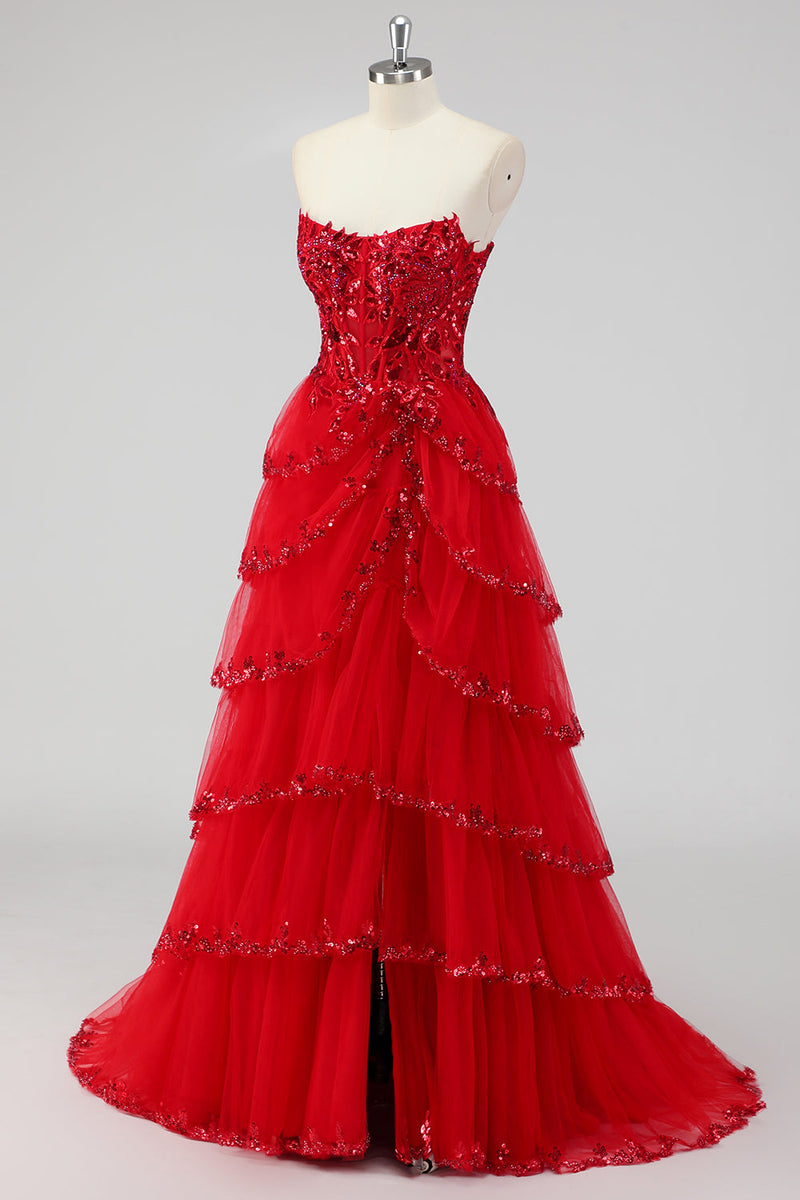 Load image into Gallery viewer, Lavender A Line Strapless Corset Tiered Formal Dress with Slit